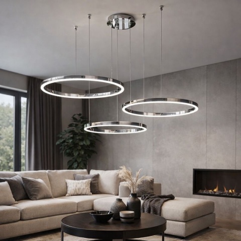 LAMPA LED RING LAMPA WISZĄCA 80/60/40CM CHROM ŻYRANDOL PLAFON PILOT