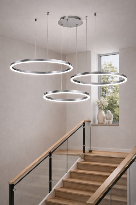LAMPA LED RING LAMPA WISZĄCA 80/60/40CM CHROM ŻYRANDOL PLAFON PILOT