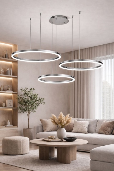 LAMPA LED RING LAMPA WISZĄCA 80/60/40CM CHROM ŻYRANDOL PLAFON PILOT